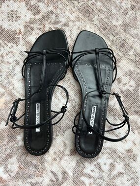 Manolo Blahnik Black Strappy Leather Flat Sandals